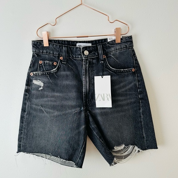 New Zara mid rise loose fit bermuda black washed denim distressed shorts - Picture 7 of 11